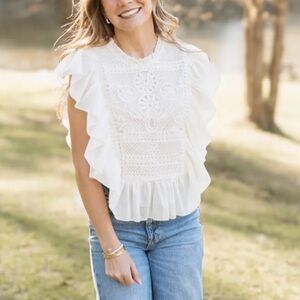 Joie Elegant White Lace Ruffle Top Size M